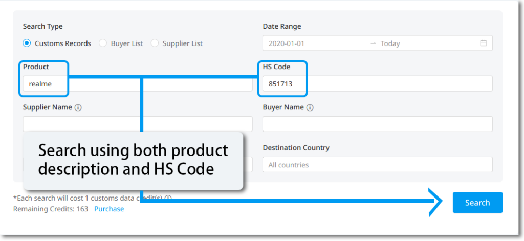 An illustration of how to use a combination of product name and HS Code to find a client on GotchaFast Customs Data search. 